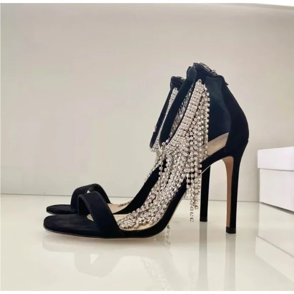 SCHUTZ Black Ankle Fringe Crystal Heels SZ 8.5 - Picture 3 of 3